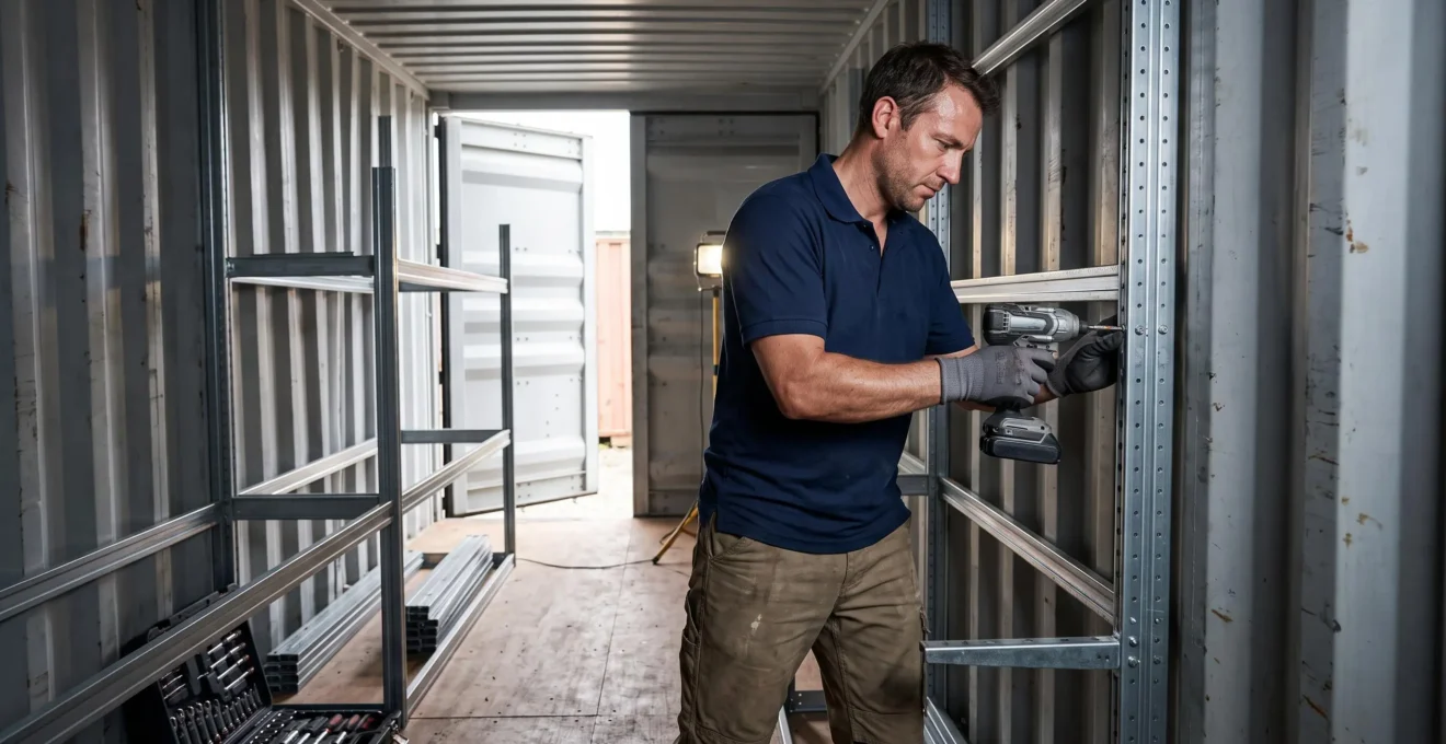Technicien installant des étagères métalliques à l'intérieur d'un conteneur maritime en cours d'aménagement pour le stockage.