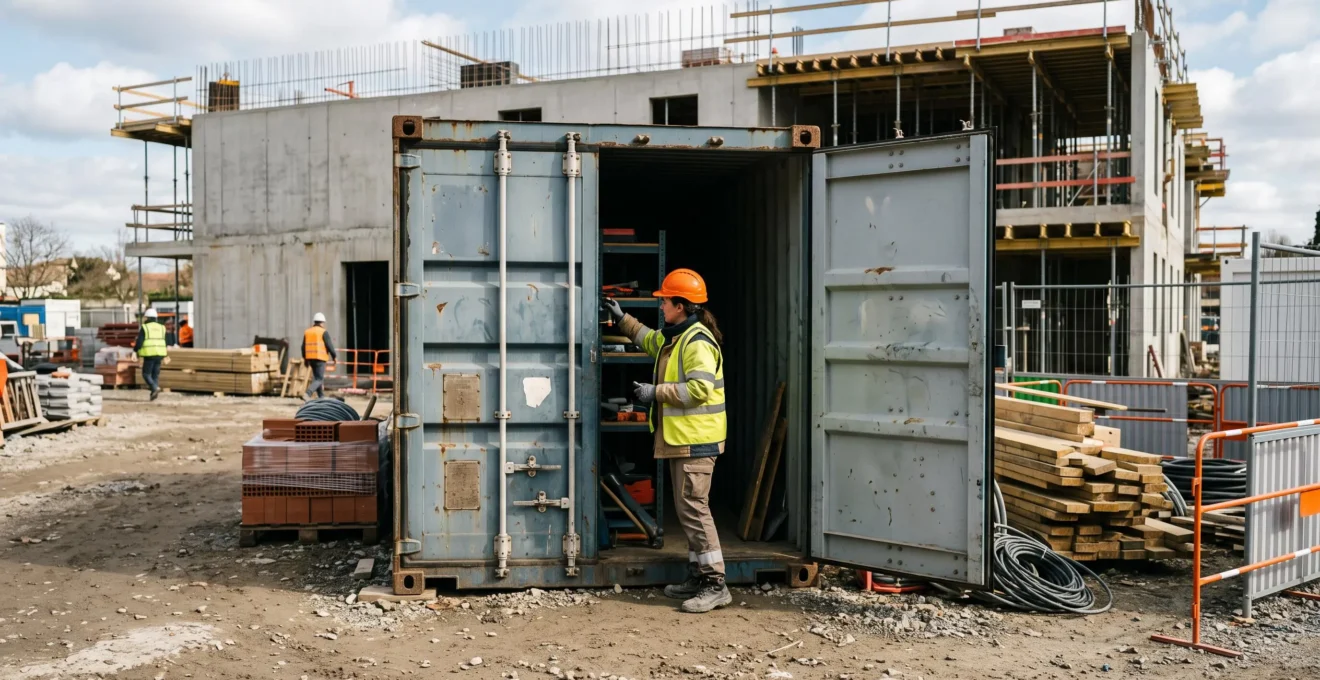 Ouvrier en équipement de sécurité accédant à un container de stockage maritime sur un chantier de construction actif pour récupérer du matériel