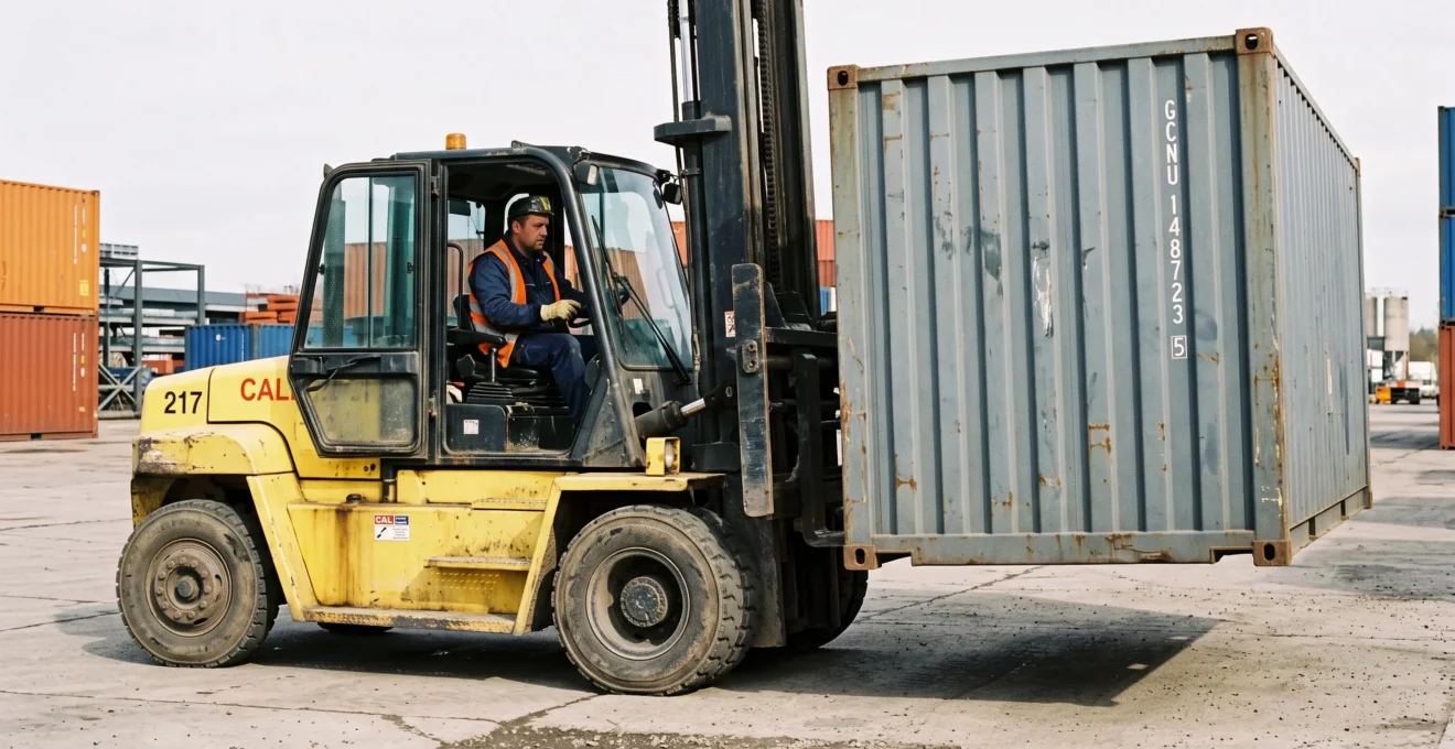 Chariot élévateur industriel manipulant un conteneur maritime lors d'une opération de manutention logistique.