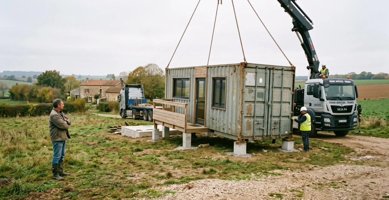 Un container aménagé posé par grue sur un terrain rural français.