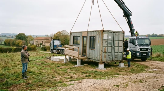 Un container aménagé posé par grue sur un terrain rural français.