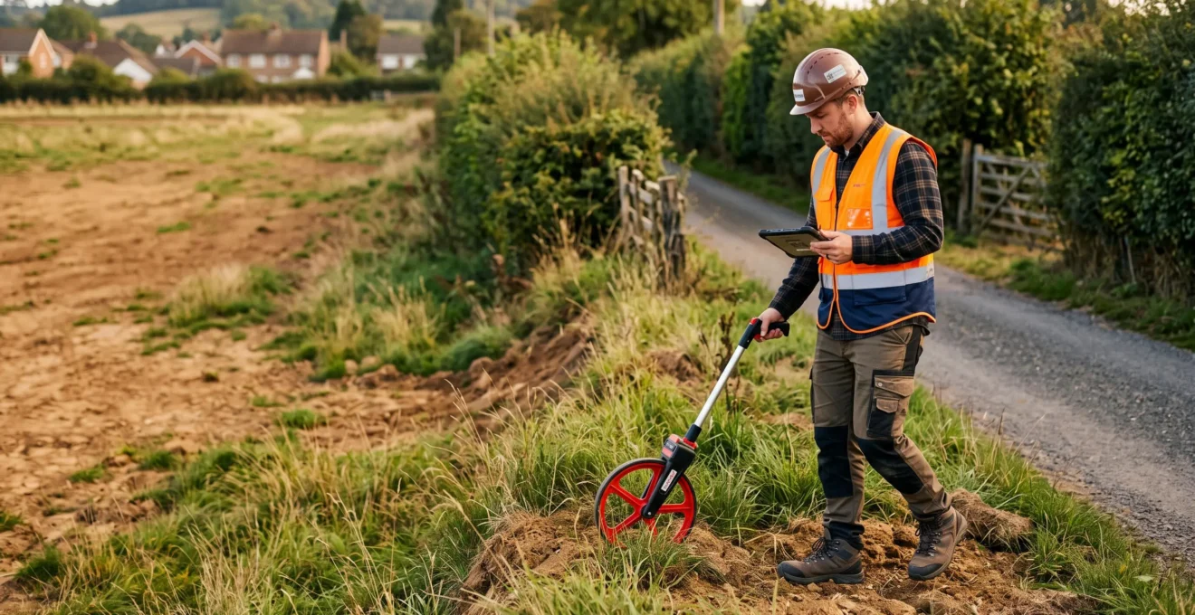 Un géomètre mesure l'accès d'un terrain avec un rouleau métrique.